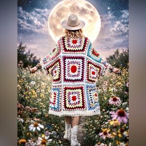 Artisan granny square Cocoon kimono W cabin cottage prairie hippy vibe